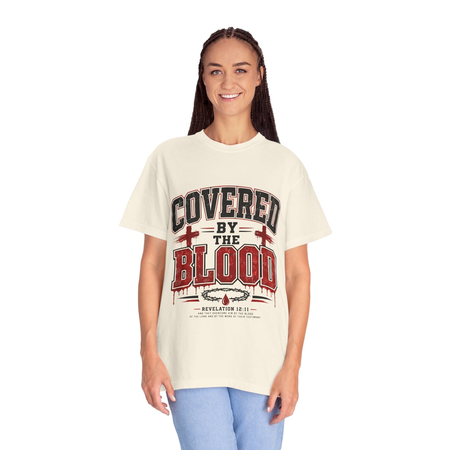 Covered by the Blood T-Shirt — Christian Faith Graphic Tee (Revelation 12:11)
