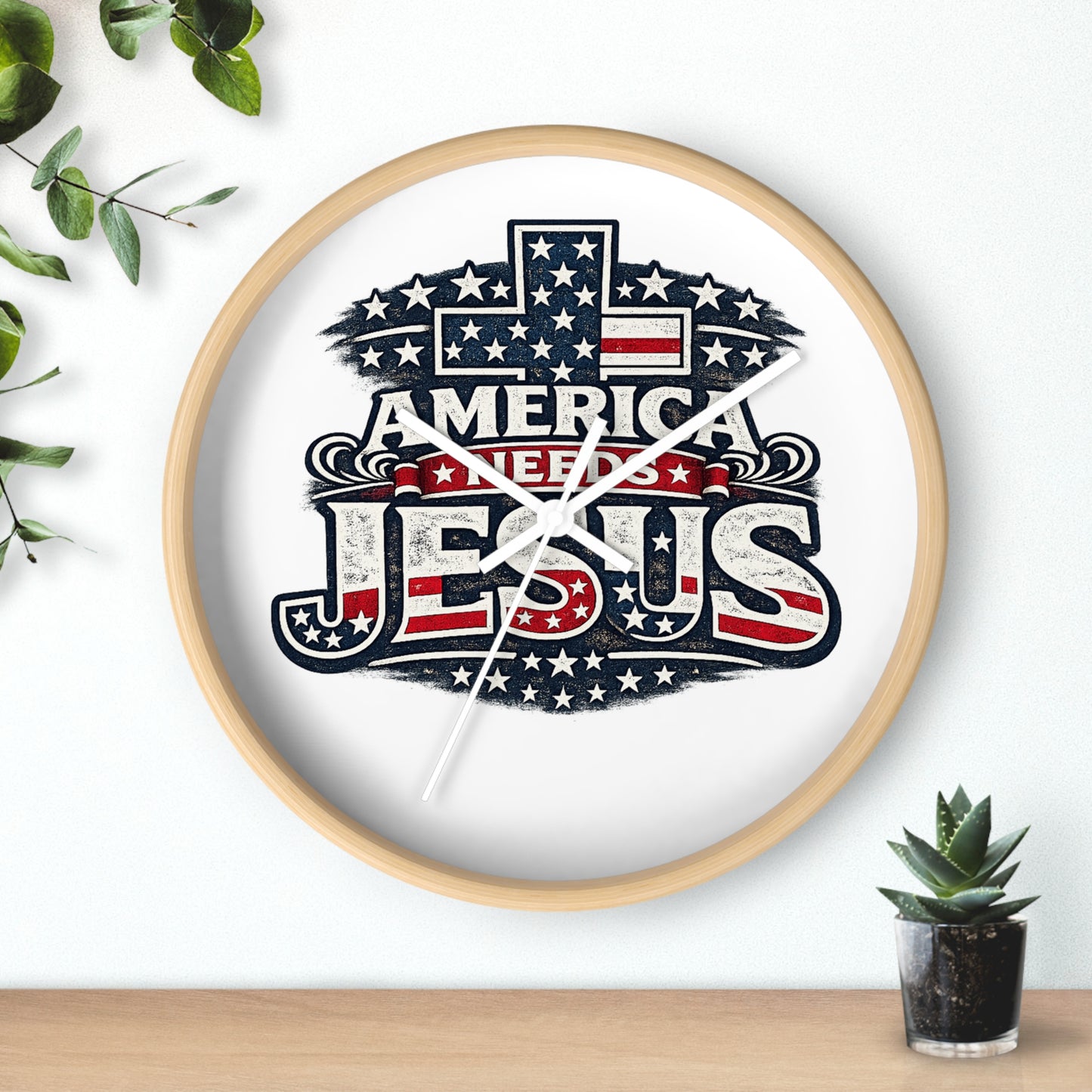 Wall Clock — "America Needs Jesus" Patriotic Cross Clock