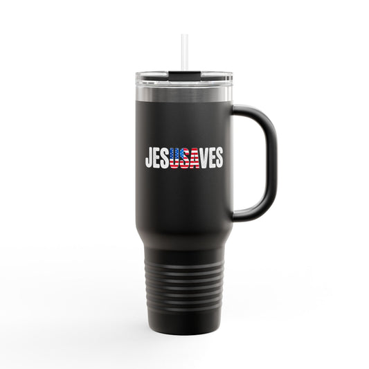 40oz Insulated Travel Mug – 'Jesus Saves' Patriotic American Flag Design