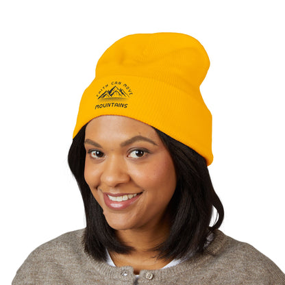 Embroidered Mountain Beanie — "Faith Can Move Mountains" Cuffed Knit Hat